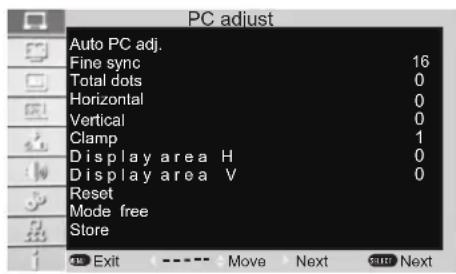 PC adjust Auto PC adj. Fine sync 16 Total dots 0 Horizontal 0 Vertical 0 Clamp 1 Display area H 0 Display area V 0 Reset Mode free Store Exit Move Next Next