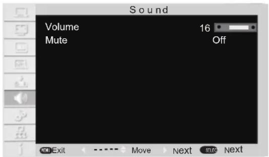Sound Volume 16 Mute Off OK Exit - - - - Move Next BLOO Next