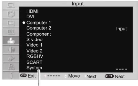 Input HDMI DVI • Computer 1 Computer 2 Component S-video Video 1 Video 2 RGBHV SCART System Input ---- - Exit ---- Move Next SHIFT Next