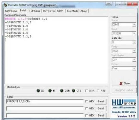 Hercules SETUP utility by HW-group.com UDP Setup Serial | TCP Client | TCP Server | UDP | Test Mode | About | Received/Sent data #ROUTE 1,1,2-01#ROUTE 1,1 -01#ROUTE 1,1,2 -01#ROUTE 1,0 -01#ROUTE 1,0 -01#ROUTE 1,0 -01#ROUTE 1,1,2 Modal lines: CD FI DSR CTS DTR RTS Send #ROUTE 1,1,2:CR> HEX Send HEX Send HEX Send HEX Send Serial Name: COM3 Send: 115200 Data size B Porto None Handchthon OFF Mode: Fire Close HWgroup Hercules SETUP utility Version 3.1.2