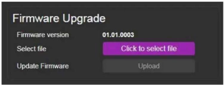 Firmware Upgrade Firmware version 01.01.0003 Select file Click to select file Update Firmware Upload