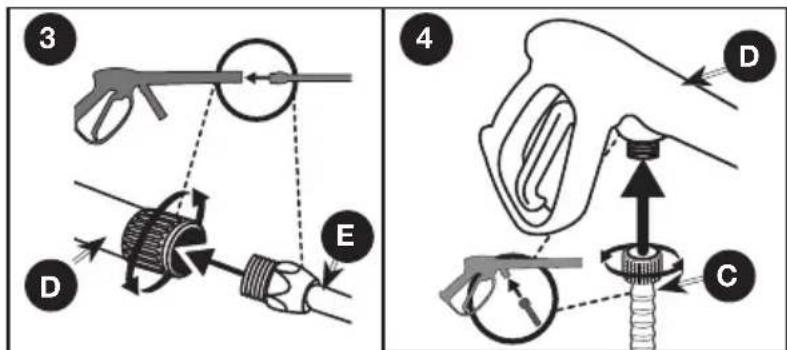 Technical diagram illustrating mechanical assembly steps with labeled components (D, E, C) and directional arrows indicating motion.