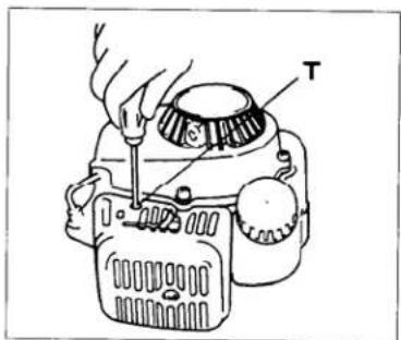 Diagram of a mechanical device with labeled component 'T' and hands operating the knob