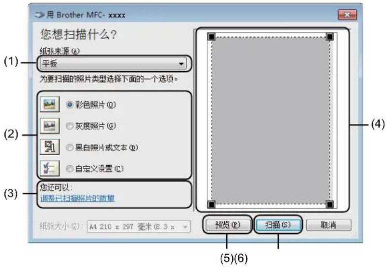 用 Brother MFC- xxxx 您想扫描什么? 纸张来源 (A) 平板 为要扫描的照片类型选择下面的一个选项。 (1) 彩色照片 (Q) 灰度照片 (G) 黑白照片或文本 (B) 自定义设置 (C) (2) 您还可以: 调整已扫描照片的质量 (3) 纸张大小 (Z): A4 210 x 297 毫米 (8.3 x (4) 预览 (P) 扫描 (S) 取消 (5)(6)