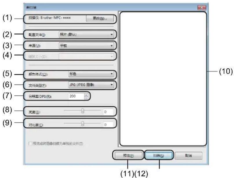 (1) 扫描仪: Brother MFC-xxxx 更改(D)... (2) 配置文件(I): 照片 (默认) (3) 来源(U): 平板 (4) (5) 颜色格式(O): 彩色 (6) 文件类型(F): JPG JPEG 图像 (7) 分辨率(DPI)(R): 200 (8) 关系(B): 0 (9) 对比度(O): 0 预览或将图像扫描为单独的文件(I) (10) 预览(P) 扫描(S) 取消 (11)(12)