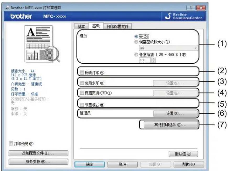 Brother MFC-xxxx 打印首选项 brother MFC-xxxx 基本 高级 打印配置文件 缩放 (1) 关闭(C) 调整至纸张大小(Q) A4 任意缩放 [25 - 400 %] (F) 100 (2) 反转打印(V) 使用水印(W) 设置(S)... 页眉页脚打印(I) 设置(S)... 节墨模式(M) 管理员 设置(S)... 其他打印选项(O)... (3) (4) (5) (6) (7) 打印预览(P) 添加配置文件(T)... 服务支持(U)... 默认值(D) 确定 取消 应用(A) 帮助(H)