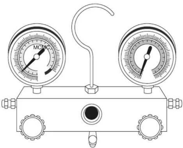 Line drawing of a pressure gauge with two gauges and a central hub, no text or symbols present