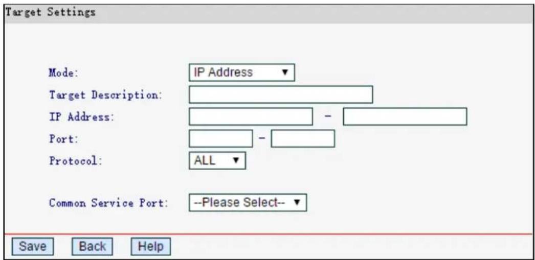 Target Settings Mode: IP Address ▼ Target Description: IP Address: - Port: - Protocol: ALL ▼ Common Service Port: --Please Select-- ▼ Save Back Help