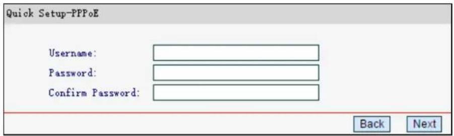 Quick Setup-PPPoE Username: Password: Confirm Password: Back Next
