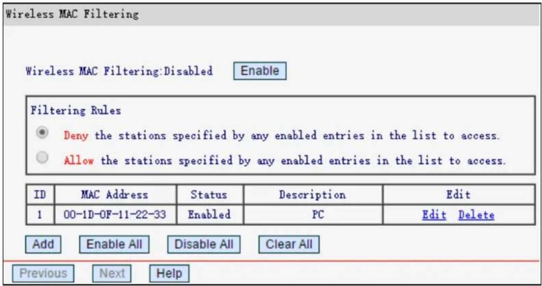 Wireless MAC Filtering Wireless MAC Filtering:Disabled Enable Filtering Rules ● Deny the stations specified by any enabled entries in the list to access. ○ Allow the stations specified by any enabled entries in the list to access. ID MAC Address Status Description Edit 1 00-1D-OF-11-22-33 Enabled PC Edit Delete Add Enable All Disable All Clear All Previous Next Help