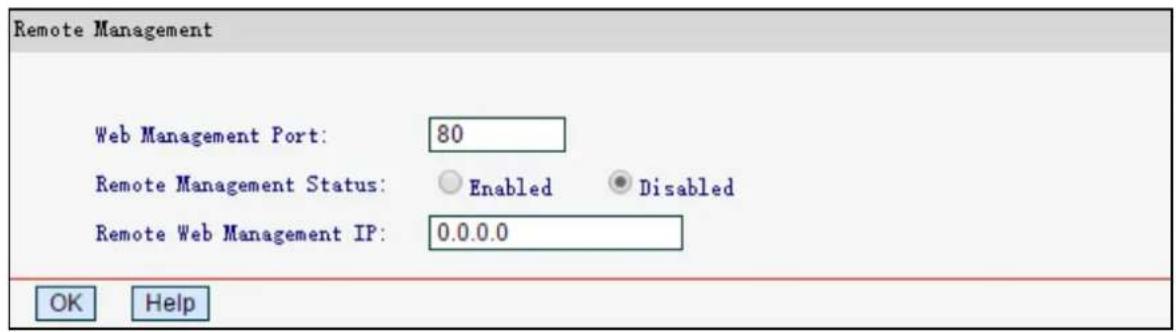 Remote Management Web Management Port: 80 Remote Management Status: Enabled Disabled Remote Web Management IP: 0.0.0.0 OK Help