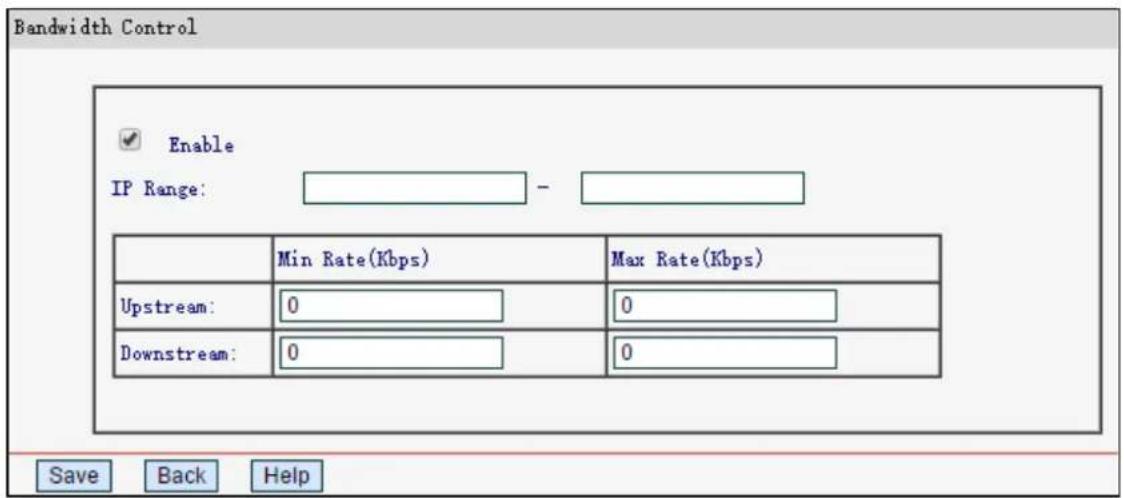 Bandwidth Control Enable IP Range: - Min Rate(Kbps) Max Rate(Kbps) Upstream: 0 0 Downstream: 0 0 Save Back Help
