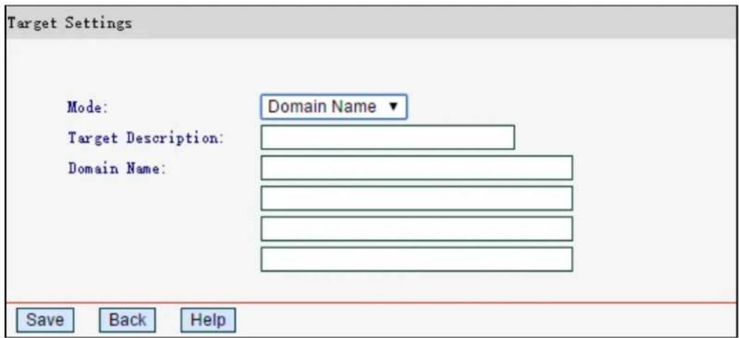 Target Settings Mode: Domain Name ▼ Target Description: Domain Name: Save Back Help
