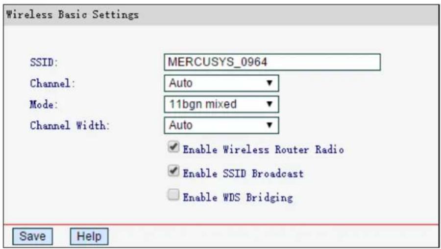 Wireless Basic Settings SSID: MERCUSYS_0964 Channel: Auto Mode: 11bgn mixed Channel Width: Auto Enable Wireless Router Radio Enable SSID Broadcast Enable WDS Bridging Save Help
