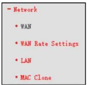- Network • WAN • WAN Rate Settings • LAN • MAC Clone