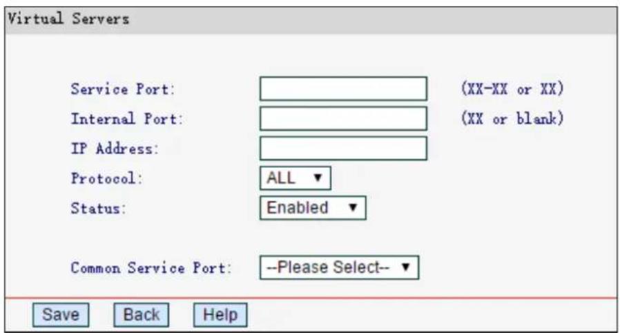 Virtual Servers Service Port: (XX-XX or XX) Internal Port: (XX or blank) IP Address: Protocol: ALL ▼ Status: Enabled ▼ Common Service Port: --Please Select-- ▼ Save Back Help
