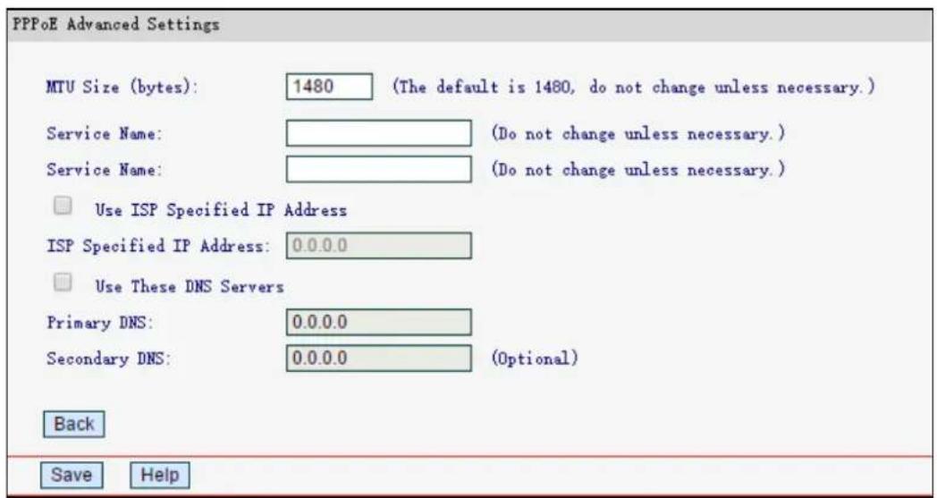 PPPoE Advanced Settings MTU Size (bytes): 1480 (The default is 1480, do not change unless necessary.) Service Name: (Do not change unless necessary.) Service Name: (Do not change unless necessary.) Use ISP Specified IP Address ISP Specified IP Address: 0.0.0.0 Use These DNS Servers Primary DNS: 0.0.0.0 Secondary DNS: 0.0.0.0 (Optional) Back Save Help