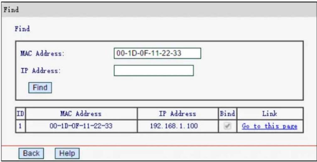 Find Find MAC Address: 00-1D-0F-11-22-33 IP Address: Find ID MAC Address IP Address Bind Link 1 00-1D-0F-11-22-33 192.168.1.100 Go to this page Back Help