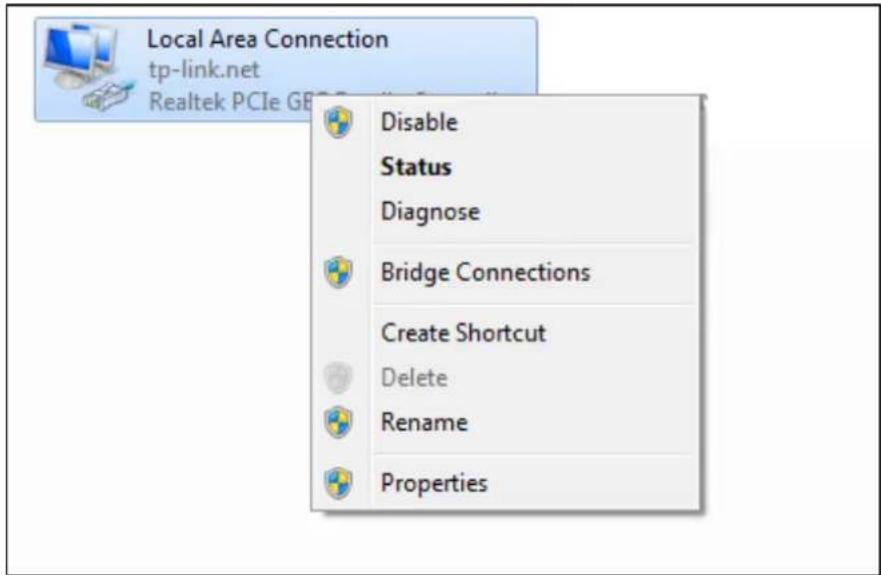 Local Area Connection tp-link.net Realtek PCIe GE Disable Status Diagnose Bridge Connections Create Shortcut Delete Rename Properties