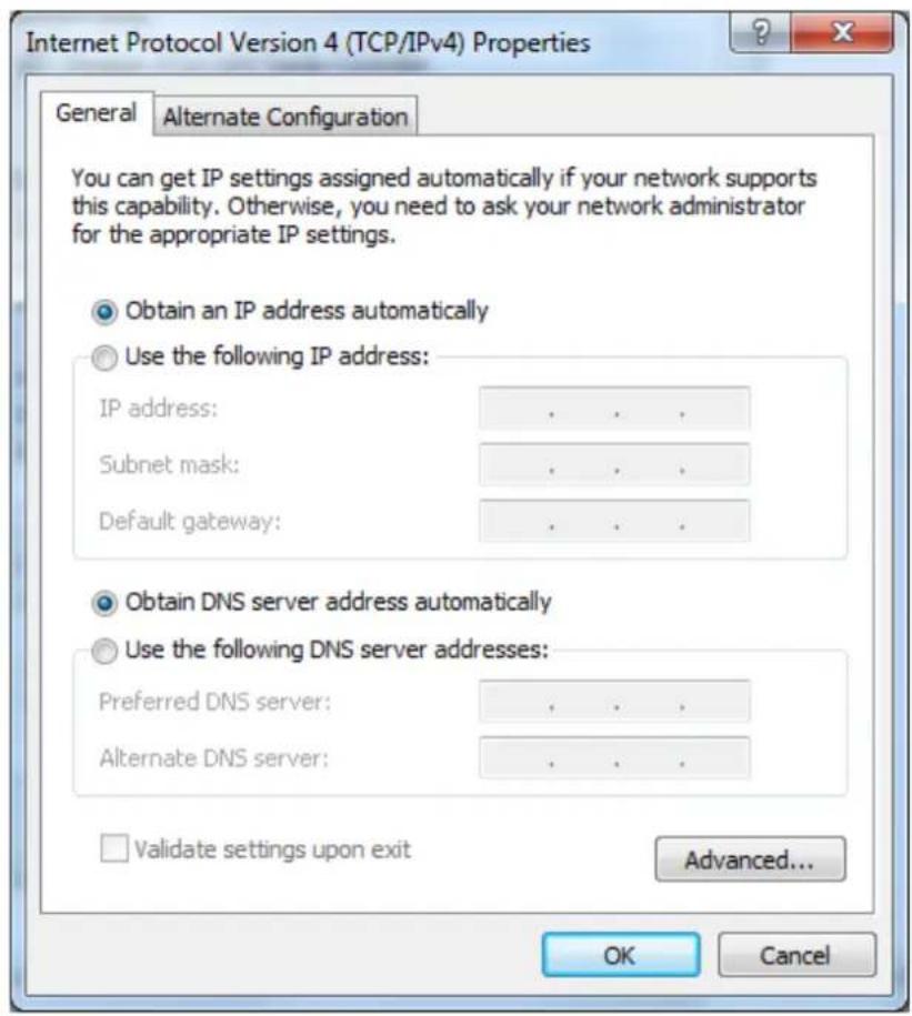 Internet Protocol Version 4 (TCP/IPv4) Properties General Alternate Configuration You can get IP settings assigned automatically if your network supports this capability. Otherwise, you need to ask your network administrator for the appropriate IP settings. Obtain an IP address automatically Use the following IP address: IP address: . Subnet mask: . Default gateway: . Obtain DNS server address automatically Use the following DNS server addresses: Preferred DNS server: . Alternate DNS server: . Validate settings upon exit Advanced... OK Cancel
