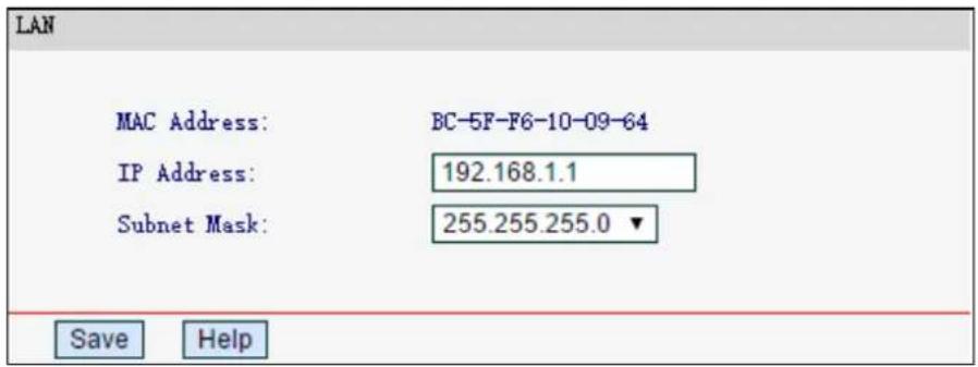 LAN MAC Address: BC-5F-F6-10-09-64 IP Address: 192.168.1.1 Subnet Mask: 255.255.255.0 ▼ Save Help