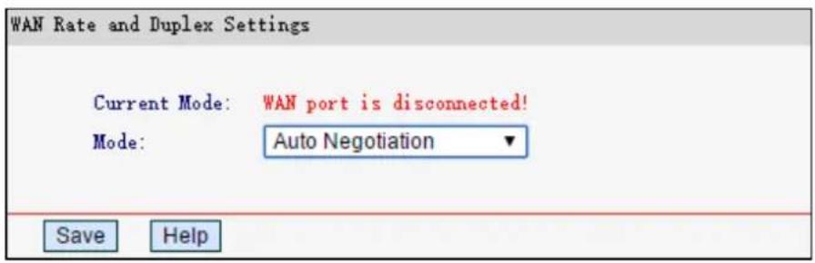 WAN Rate and Duplex Settings Current Mode: WAN port is disconnected! Mode: Auto Negotiation Save Help