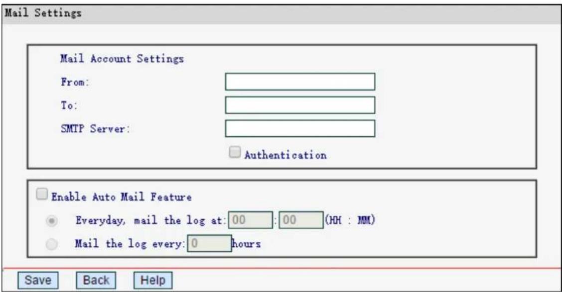 Mail Settings Mail Account Settings From: To: SMTP Server: Authentication Enable Auto Mail Feature Everyday, mail the log at: 00 : 00 (HH : MM) Mail the log every: 0 hours Save Back Help