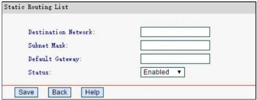 Static Routing List Destination Network: Subnet Mask: Default Gateway: Status: Enabled ▼ Save Back Help