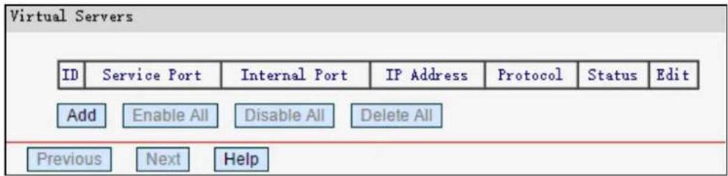 Virtual Servers ID Service Port Internal Port IP Address Protocol Status Edit Add Enable All Disable All Delete All Previous Next Help