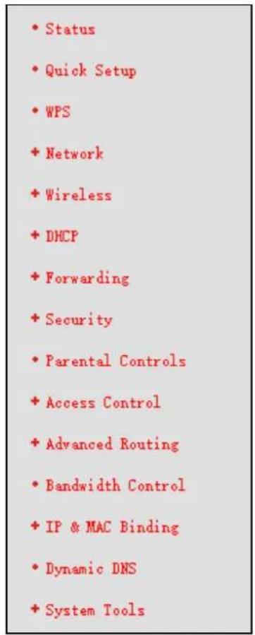 • Status • Quick Setup • WPS • Network • Wireless • DHCP • Forwarding • Security • Parental Controls • Access Control • Advanced Routing • Bandwidth Control • IP & MAC Binding • Dynamic DNS • System Tools