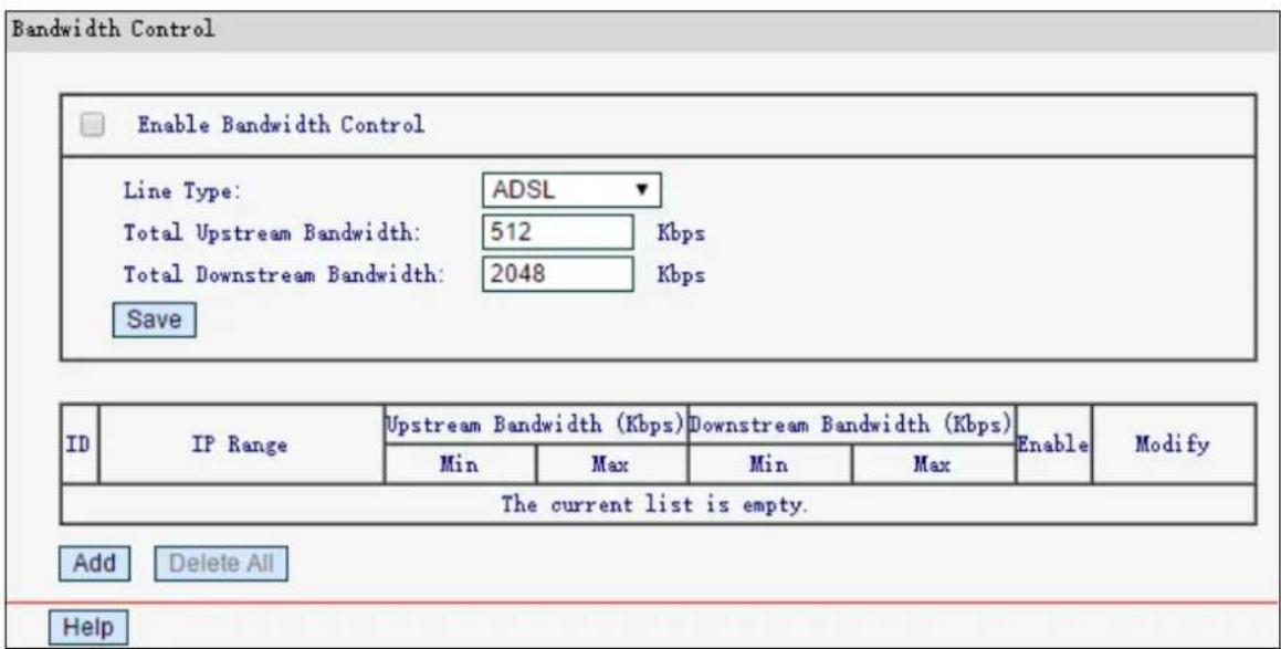 Bandwidth Control Enable Bandwidth Control Line Type: ADSL Total Upstream Bandwidth: 512 Kbps Total Downstream Bandwidth: 2048 Kbps Save ID IP Range Upstream Bandwidth (Kbps) Downstream Bandwidth (Kbps) Enable Modify Min Max Min Max The current list is empty. Add Delete All Help