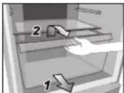 Diagram showing two labeled steps (1 and 2) on a shelf or cabinet, with hand pointing to step 2.