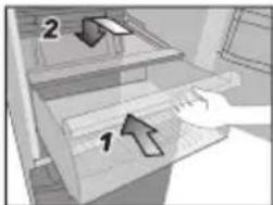 Diagram showing a hand inserting objects into a drawer with labeled parts 1 and 2