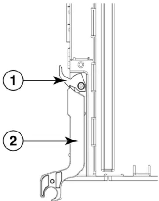 Technical diagram of a mechanical assembly with labeled parts 1 and 2, showing structural components and directional arrows.