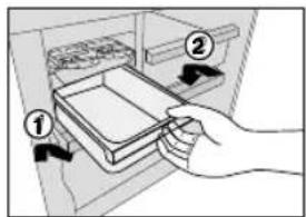 Diagram showing a hand inserting a device into a file, labeled with steps ① and ②