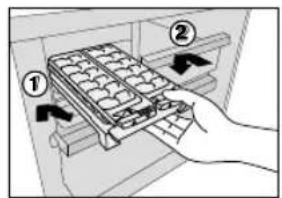 Diagram showing a hand inserting a tray into an appliance with labeled parts ① and ②