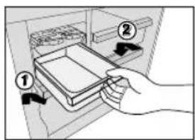 Diagram showing a hand inserting a device into a storage unit, labeled with steps 1 and 2.