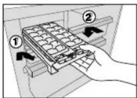 Diagram showing a hand inserting a tray into a storage unit with labeled parts ① and ②