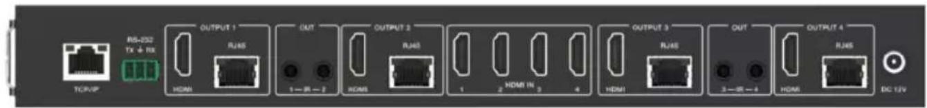 TCP/IP RS-232 TX + RX OUTPUT 1 RJ46 HDMI 1—IR—2 OUT OUTPUT 2 RJ46 HDMI 1 2 HDMI IN 2 4 OUTPUT 3 RJ46 HDMI 3—IR—4 OUT OUTPUT 4 HDMI DC 12V