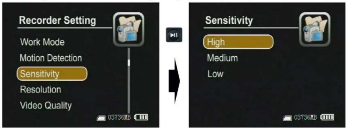 Recorder Setting Work Mode Motion Detection Sensitivity Resolution Video Quality 03736MB Sensitivity High Medium Low 03736MB