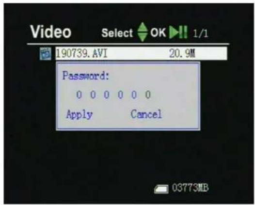 Video Select OK 1/1 190739.AVI 20.9M Password: 0 0 0 0 0 0 Apply Cancel 03773MB