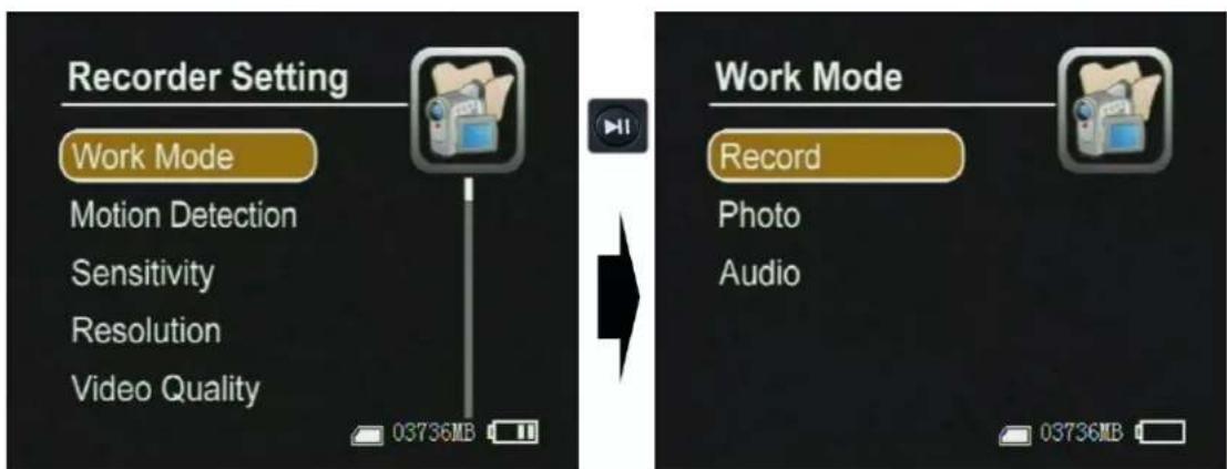 Recorder Setting Work Mode Motion Detection Sensitivity Resolution Video Quality 03736MB Work Mode Record Photo Audio 03736MB