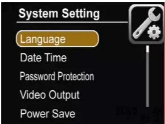 System Setting Language Date Time Password Protection Video Output Power Save