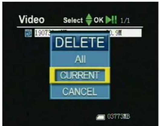 Video Select OK 1/1 19073 0.9M DELETE All CURRENT CANCEL 03773MB