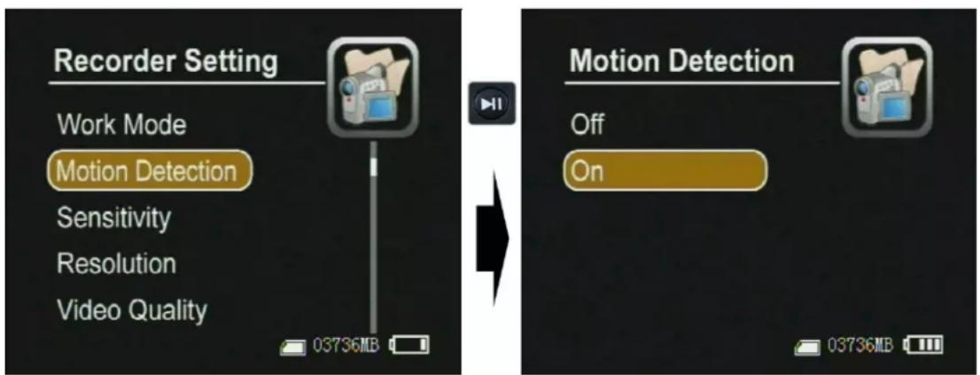 Recorder Setting Work Mode Motion Detection Sensitivity Resolution Video Quality 03736MB Motion Detection Off On 03736MB