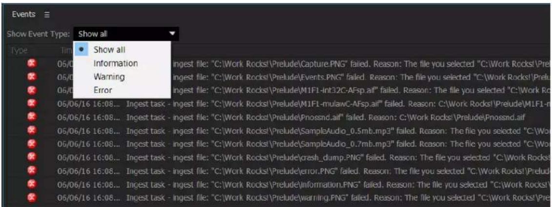 ADOBE Prelude CC 2015 - Event panel filtering options - 1