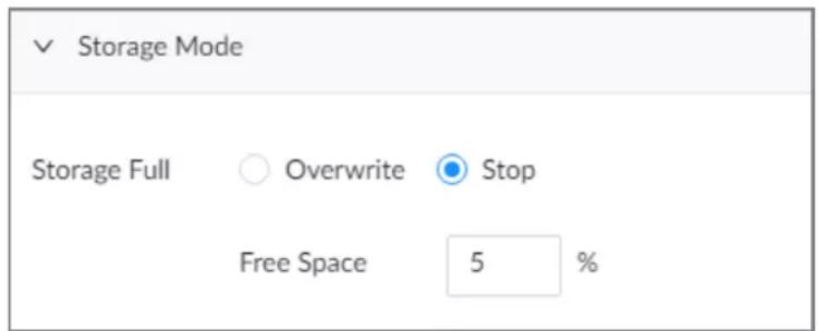 Storage Mode Storage Full Overwrite Stop Free Space 5 %