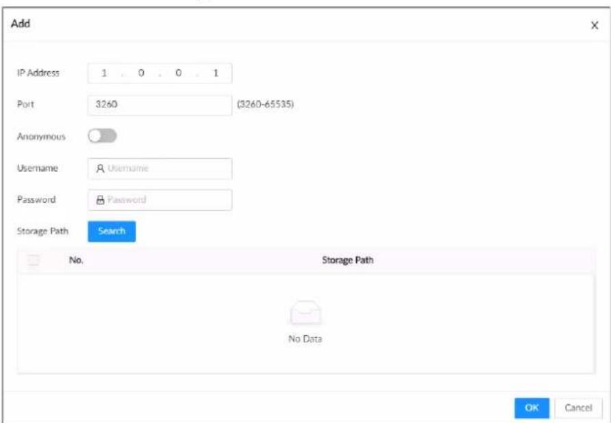Add IP Address 1 0 0 1 Port 3260 (3260-65535) Anonymous Username Username Password Password Storage Path Search No. Storage Path No Data OK Cancel