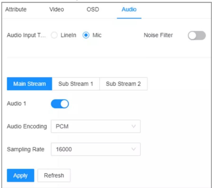 Attribute Video OSD Audio Audio Input T... ○ LineIn ● Mic Noise Filter Main Stream Sub Stream 1 Sub Stream 2 Audio 1 Audio Encoding PCM Sampling Rate 16000 Apply Refresh