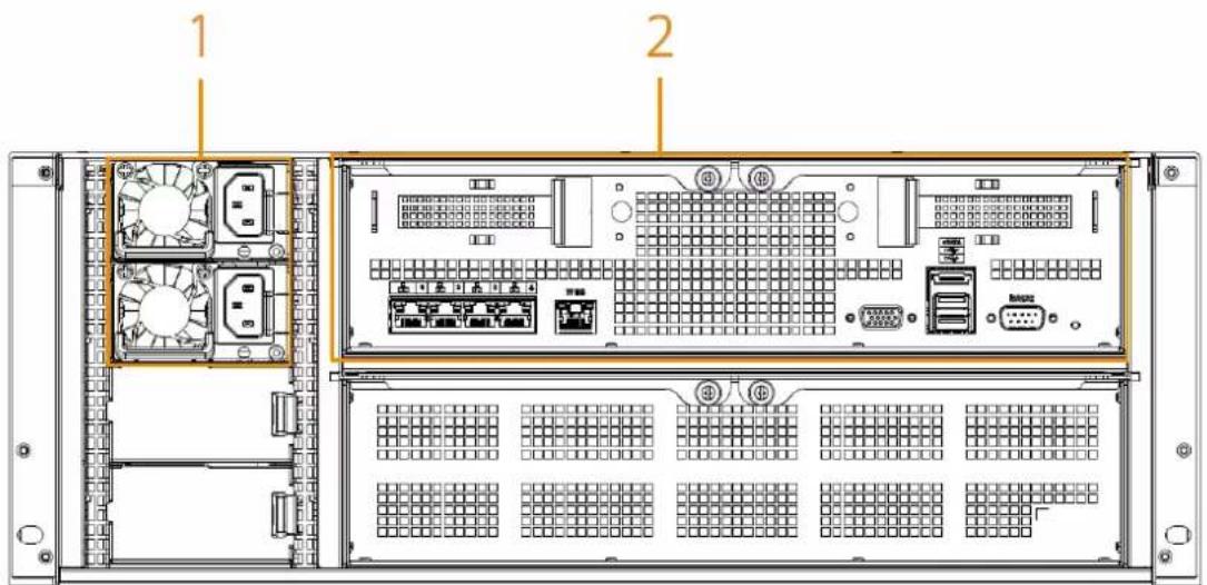 Technical diagram of a server rack with labeled components, showing front and back views with fan, drive, and grid layout.